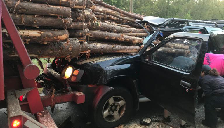Car impaled by logs